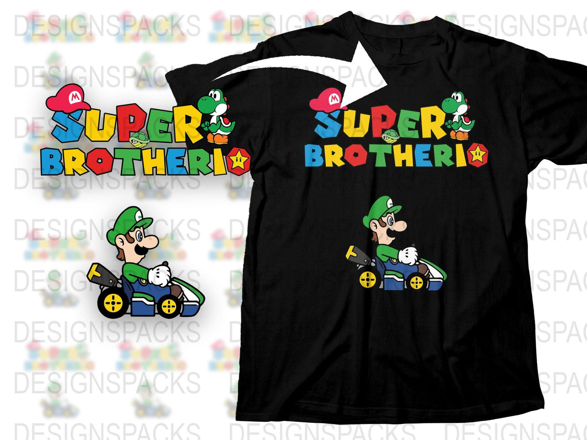 Super Brother Luigi Kart Racing Video Game Inspired Black T-Shirt, Fun Gamer Apparel, Gift for Gamers