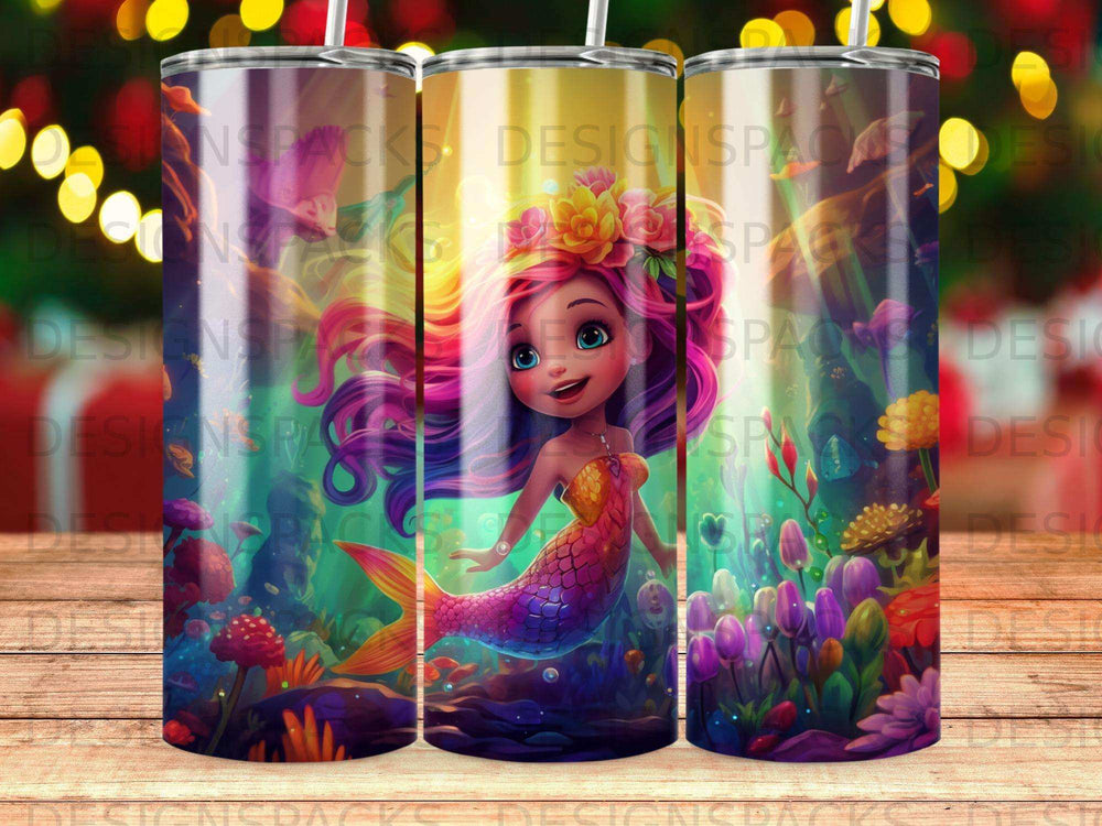 Mermaid with colorful hair and flowers, underwater scene with glowing plants.