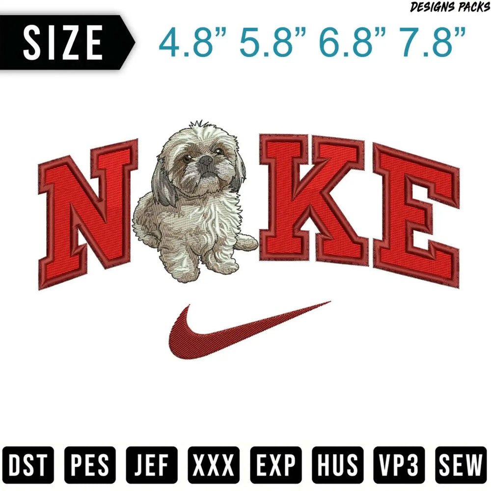 Embroidery design of a Shih Tzu dog inside the "O" of a Nike-style arched text.