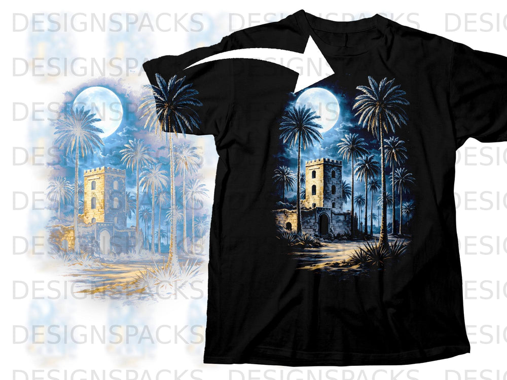 Black t-shirt with a tropical castle and palm trees under a full moon.