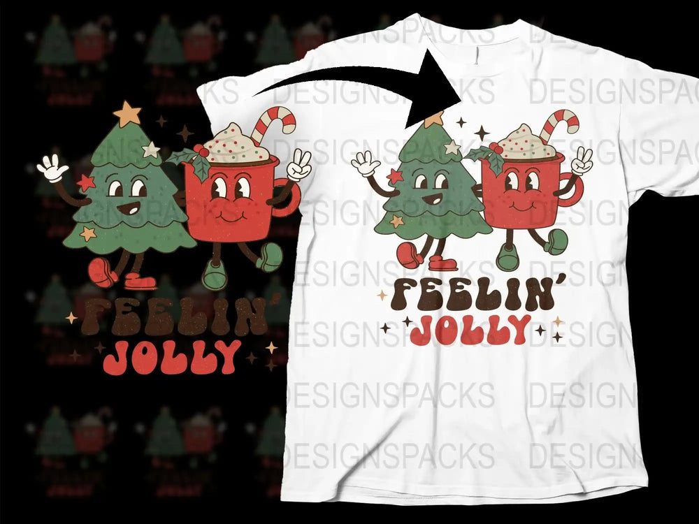 Christmas Tree and Hot Cocoa Cartoon T-Shirt, Feelin' Jolly Holiday Apparel, Festive Winter Tee for All Ages