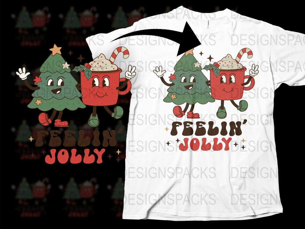 Christmas Tree and Hot Cocoa Cartoon T-Shirt, Feelin' Jolly Holiday Apparel, Festive Winter Tee for All Ages
