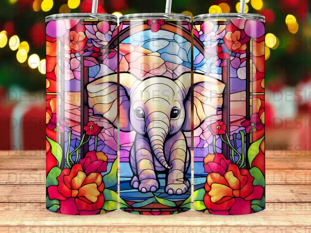 Stained glass elephant with flowers and colorful border.
