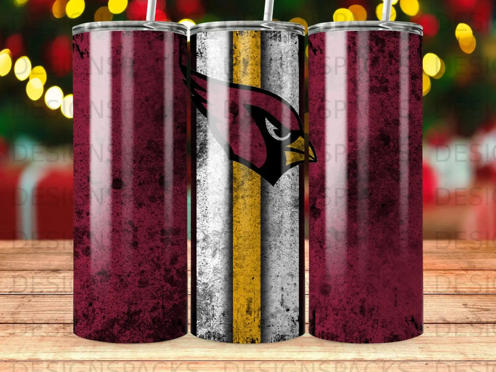 Three maroon tumblers with a distressed look and Arizona Cardinals logo.