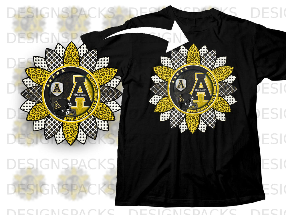 Black t-shirt featuring a sunflower design with Appalachian State Mountaineers logo.