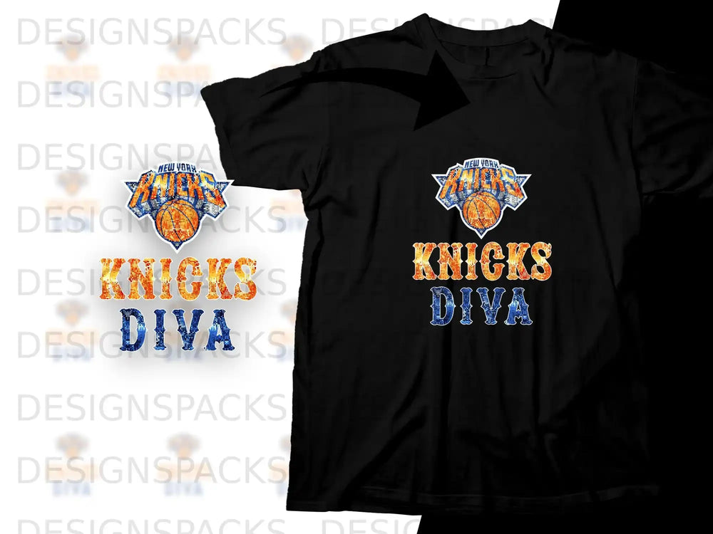 Black t-shirt with New York Knicks "Knicks Diva" text and graphic.