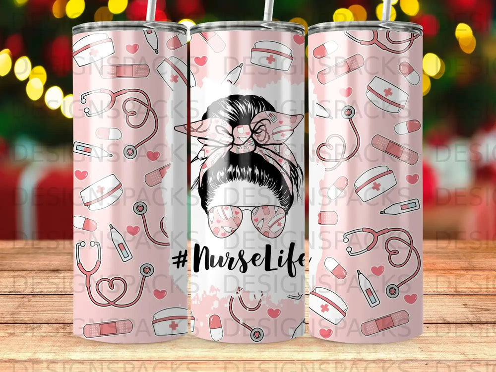 Pink tumbler with #NurseLife design, featuring medical icons and a messy bun.
