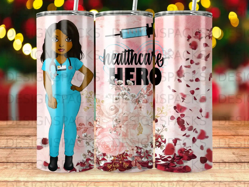 Healthcare Hero tumbler with nurse and floral design.