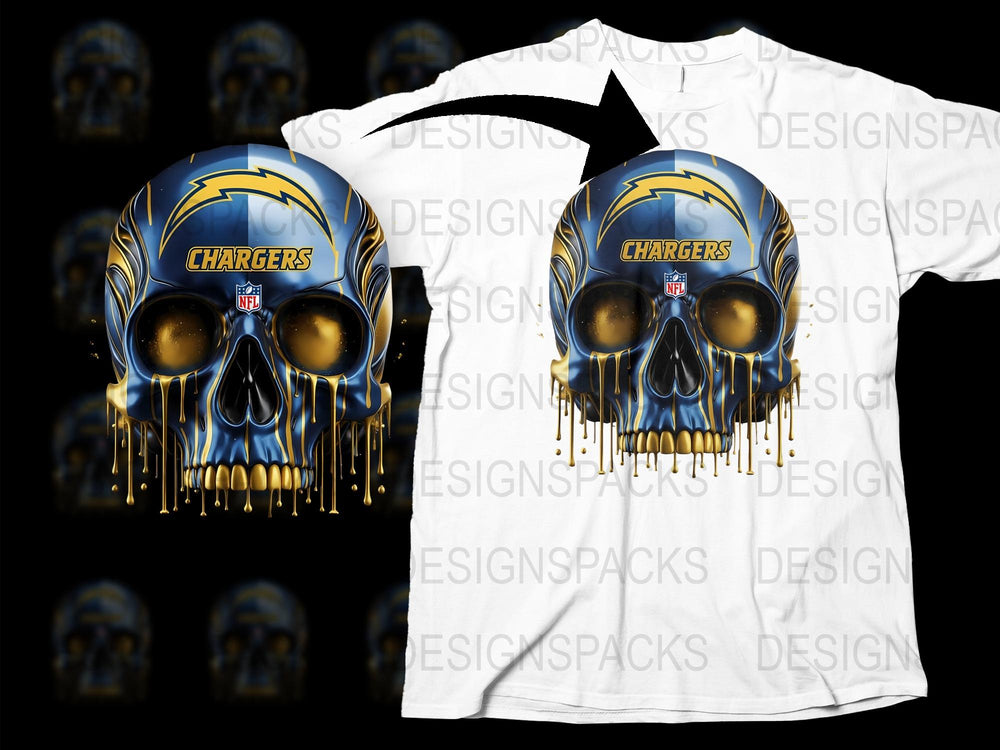 NFL Chargers Skull Graphic T-Shirt, Blue and Gold Team Colors, Men's Sportswear, Football Fan Apparel