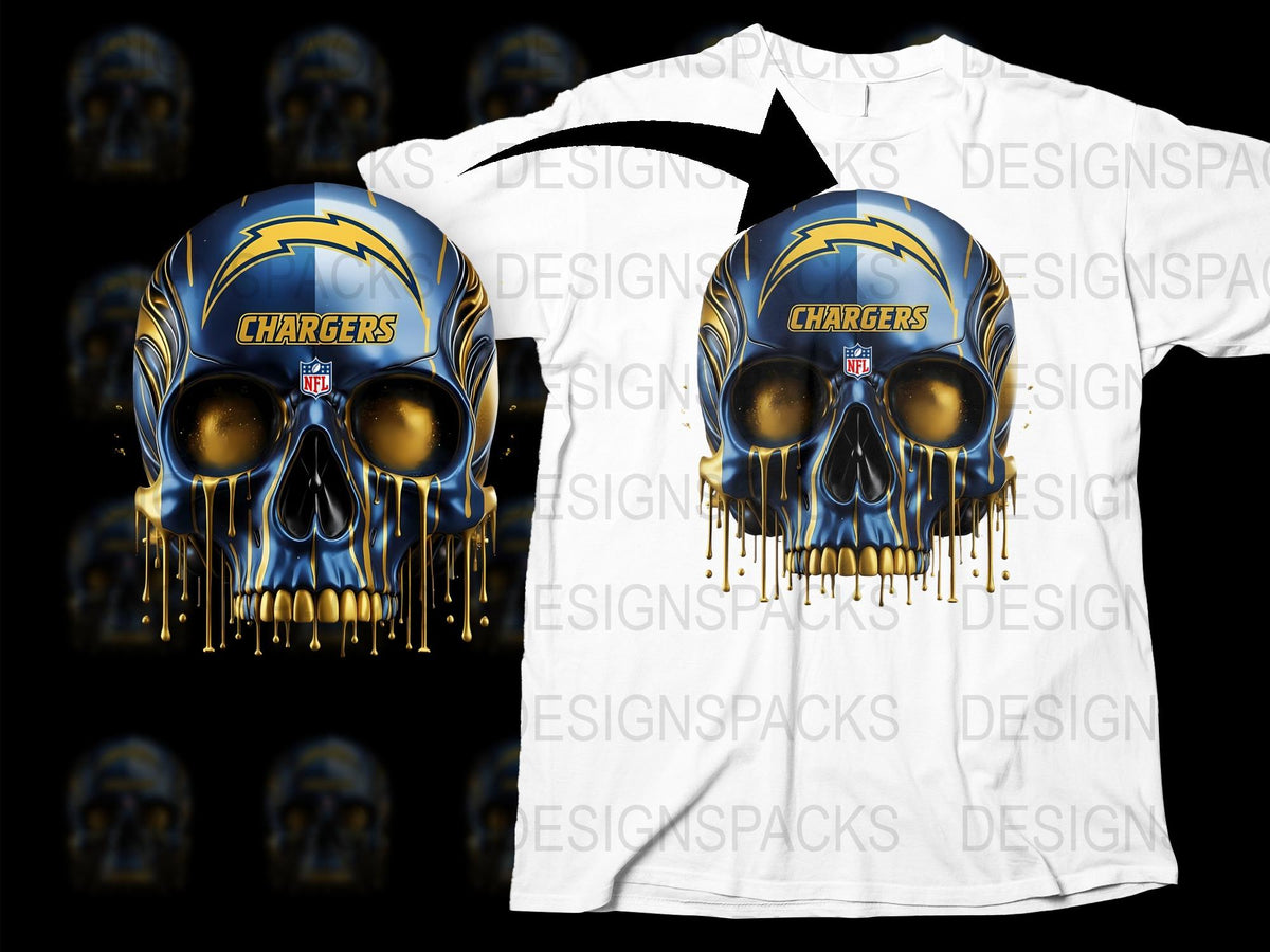 NFL Chargers Skull Graphic T-Shirt, Blue and Gold Team Colors, Men's Sportswear, Football Fan Apparel