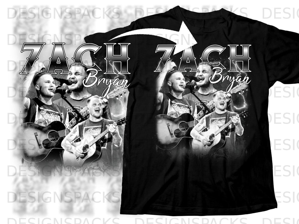 Zach Bryan performing on stage with guitars in a black t-shirt graphic.