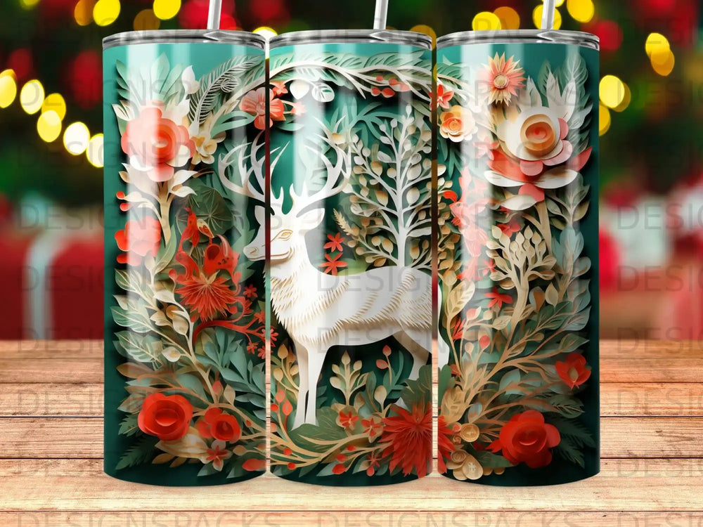White deer amidst floral and leafy green cutouts on a teal tumbler.