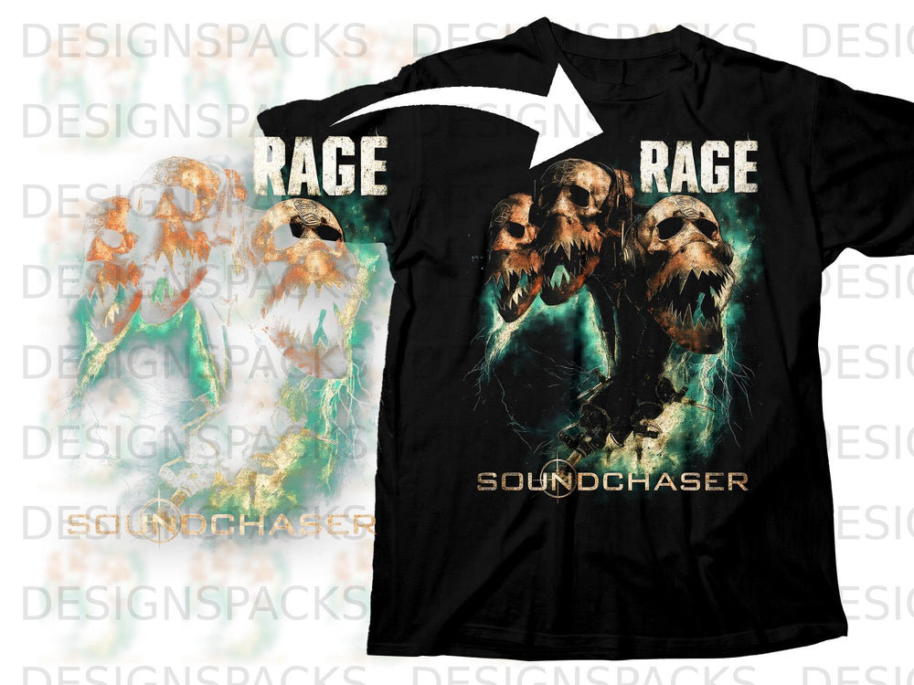 Black t-shirt with "Rage" and skulls graphic, "Soundchaser" below graphic.