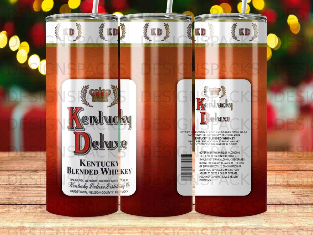 Kentucky Deluxe Blended Whiskey tumbler with bottle label details.