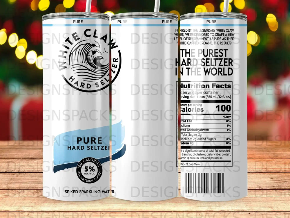 White Claw Hard Seltzer can with nutrition facts label and branded text.