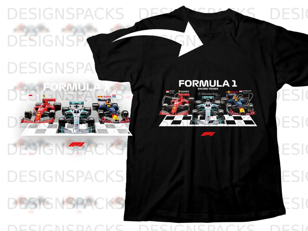 Black t-shirt displaying Formula 1 racing teams Ferrari, Red Bull, and Mercedes-Benz.