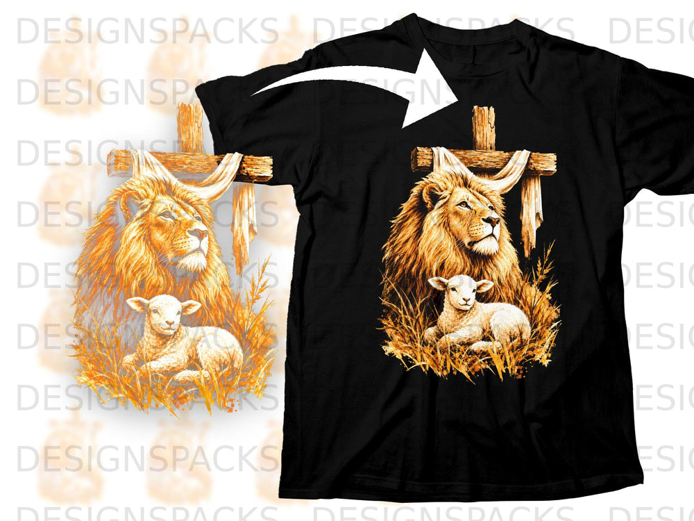 Lion and lamb in grass near a wooden cross on a black t-shirt.