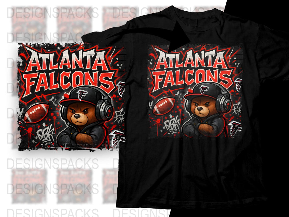 Atlanta Falcons Graphic T-Shirt and Pillow, Cartoon Bear Design, Sports Fan Merchandise, Bold Red and Black