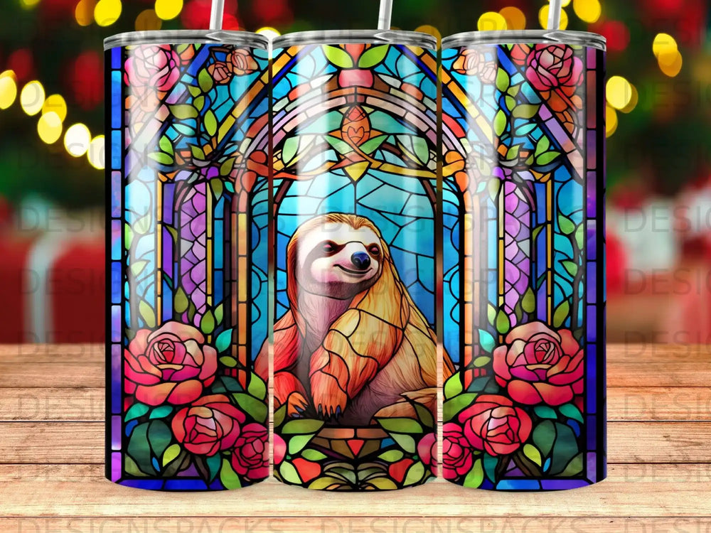 Stained glass tumbler featuring a sloth and roses.