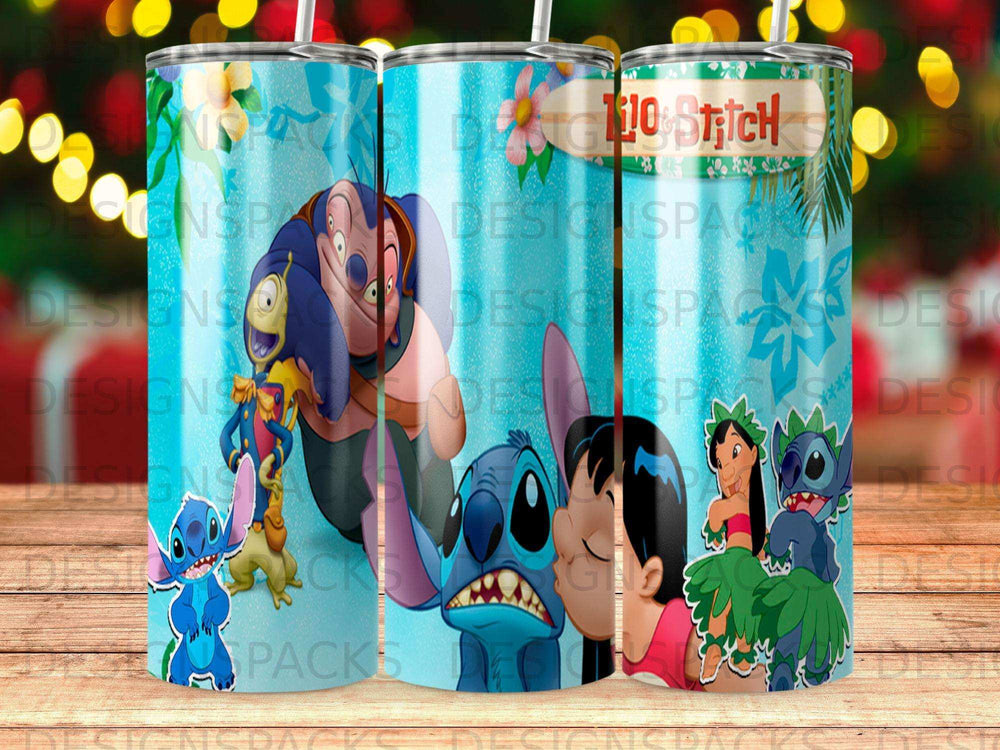 Stitch and Angel characters on a blue striped tumbler with tropical leaves.