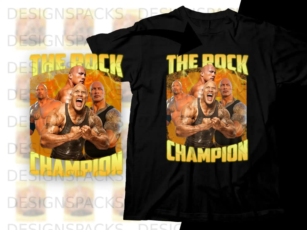 The Rock Champion t-shirt design with multiple images of Dwayne Johnson.