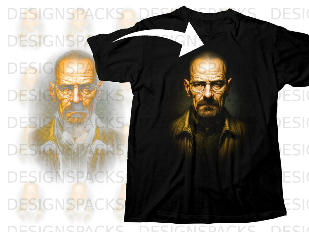Black t-shirt featuring a portrait of Walter White wearing glasses and a jacket.