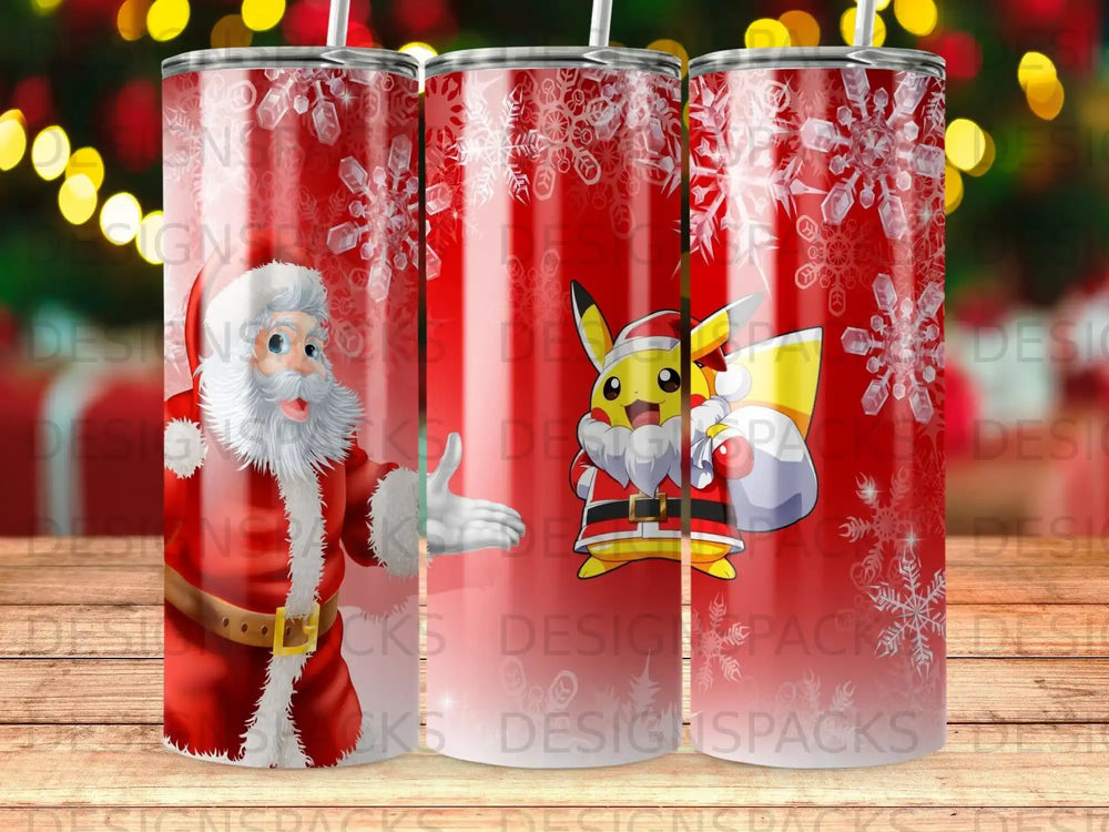 Santa Claus and Pikachu on a red and white snowflake-patterned tumbler.
