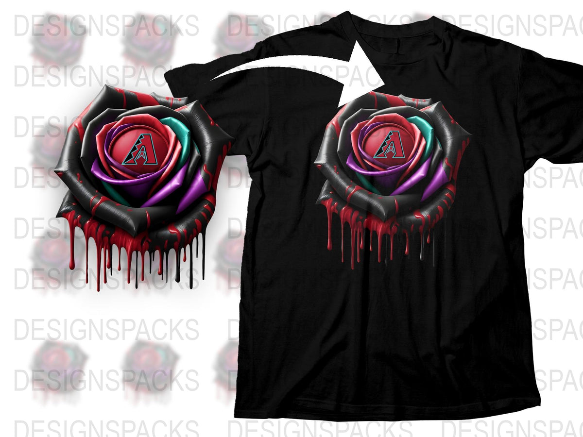 Gothic Rose Letter A Black T-Shirt, Unique Floral Design, Dripping Art, Cool Graphic Tee for Men and Women