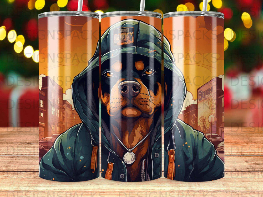 Rottweiler dog wearing hoodie and chain, facing forward.