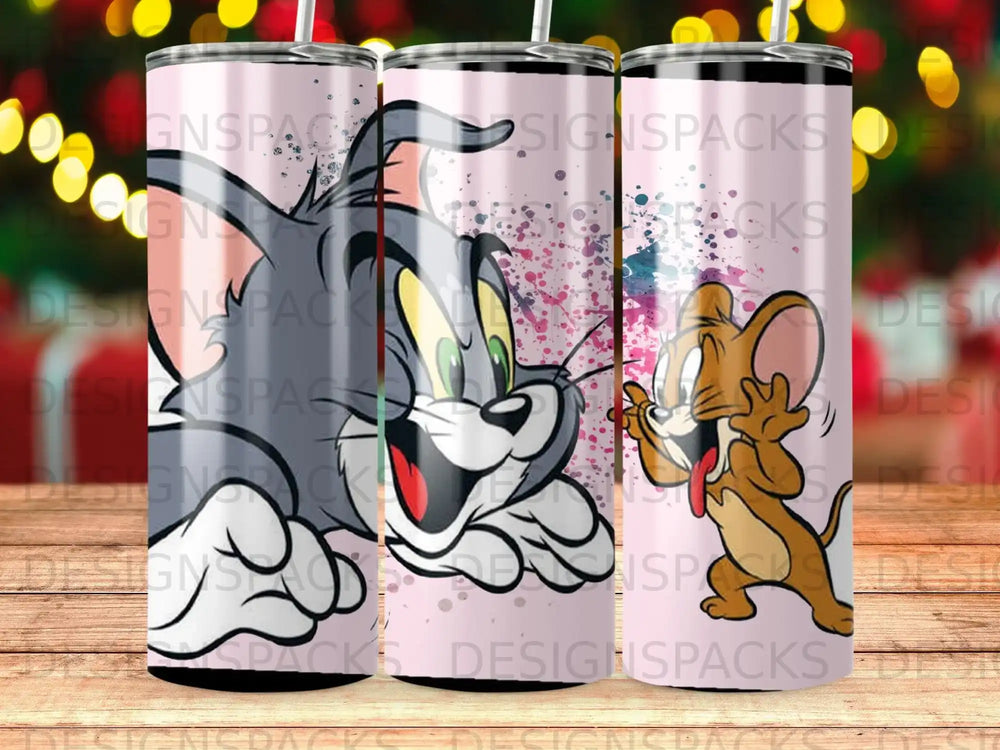 Tom and Jerry characters on a pink background with paint splatters.