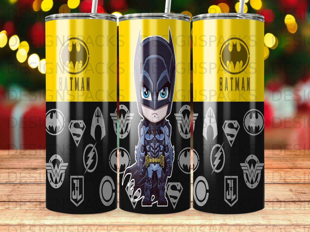Three Batman-themed tumblers with Batman logo and comic character illustrations.