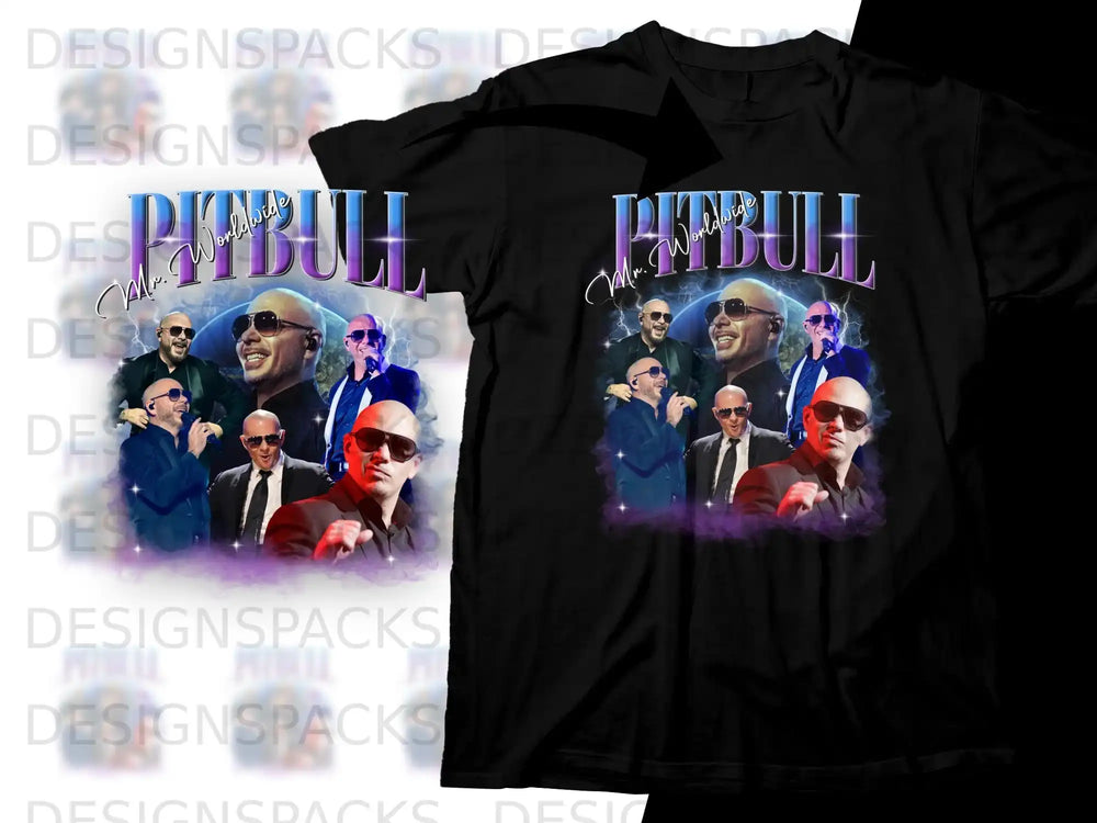 T-shirt featuring Pitbull, "Mr. Worldwide," with sunglasses and multiple poses.