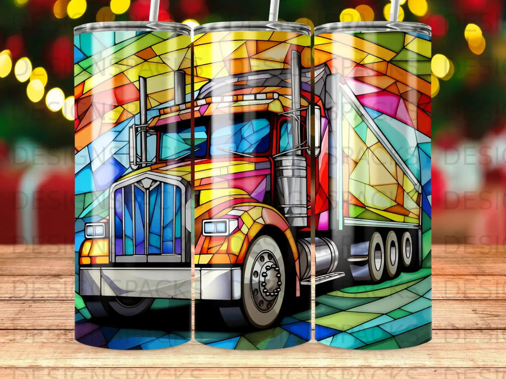 Colorful stained-glass truck design on a tumbler.