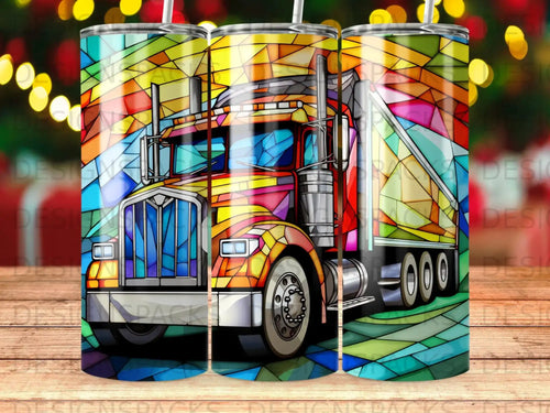 Colorful stained-glass truck design on a tumbler.