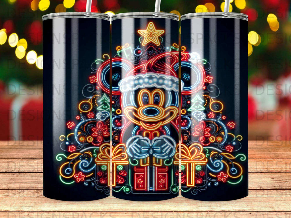 Mickey Mouse in Santa hat surrounded by Christmas lights and gifts.