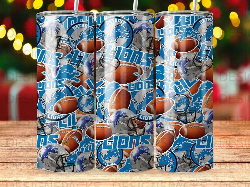 Detroit Lions logo and football pattern on a tumbler.