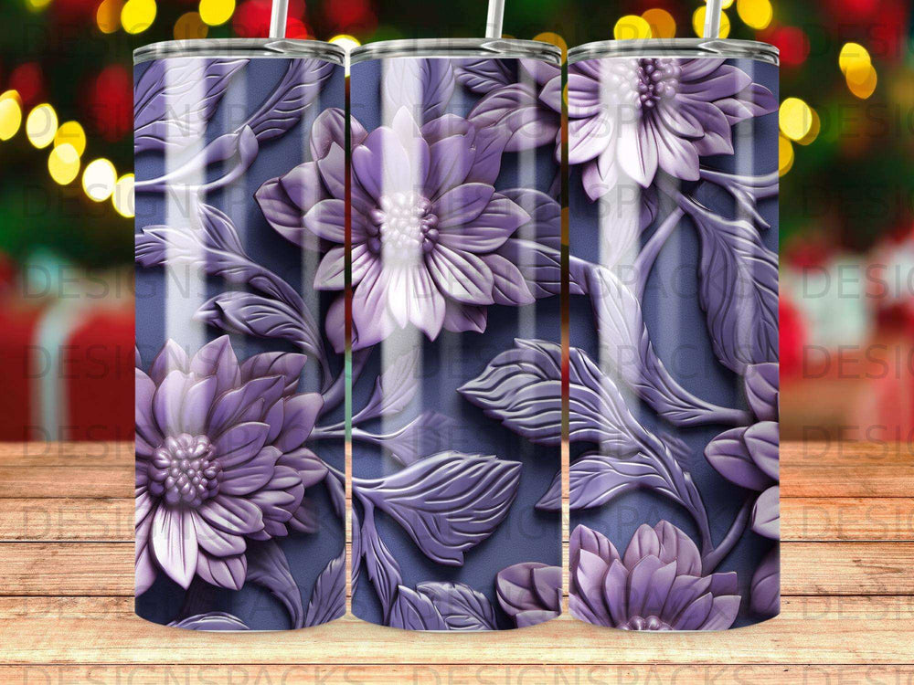 Purple floral pattern on a blue background with vertical stripes.