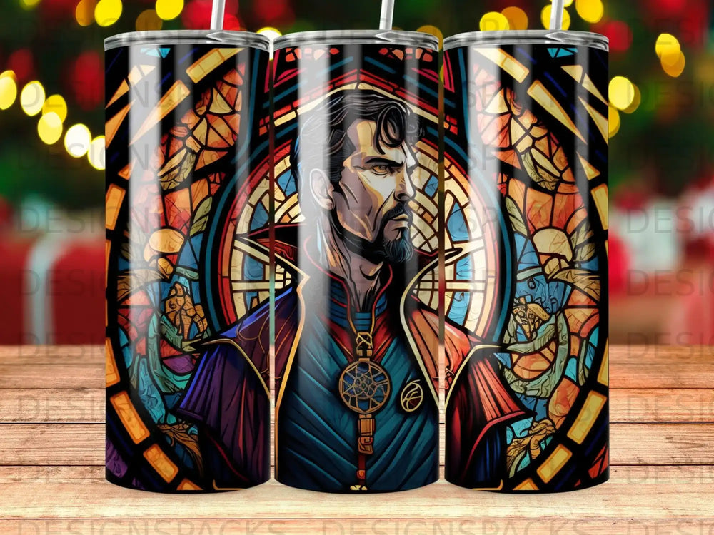 Doctor Strange character in stained glass art on a tumbler.