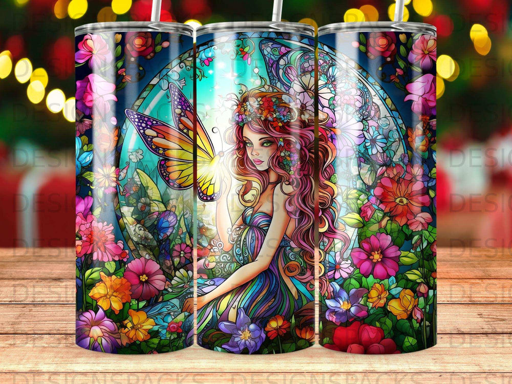Fairy with butterfly wings surrounded by colorful flowers and glowing light.