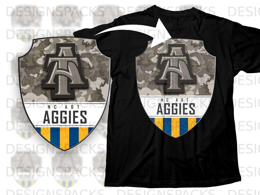 Black t-shirt with a shield logo featuring "NC A&T AGGIES" and camouflage.