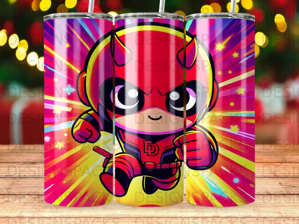 Cartoon superhero with red horns and a yellow and red costume, running.