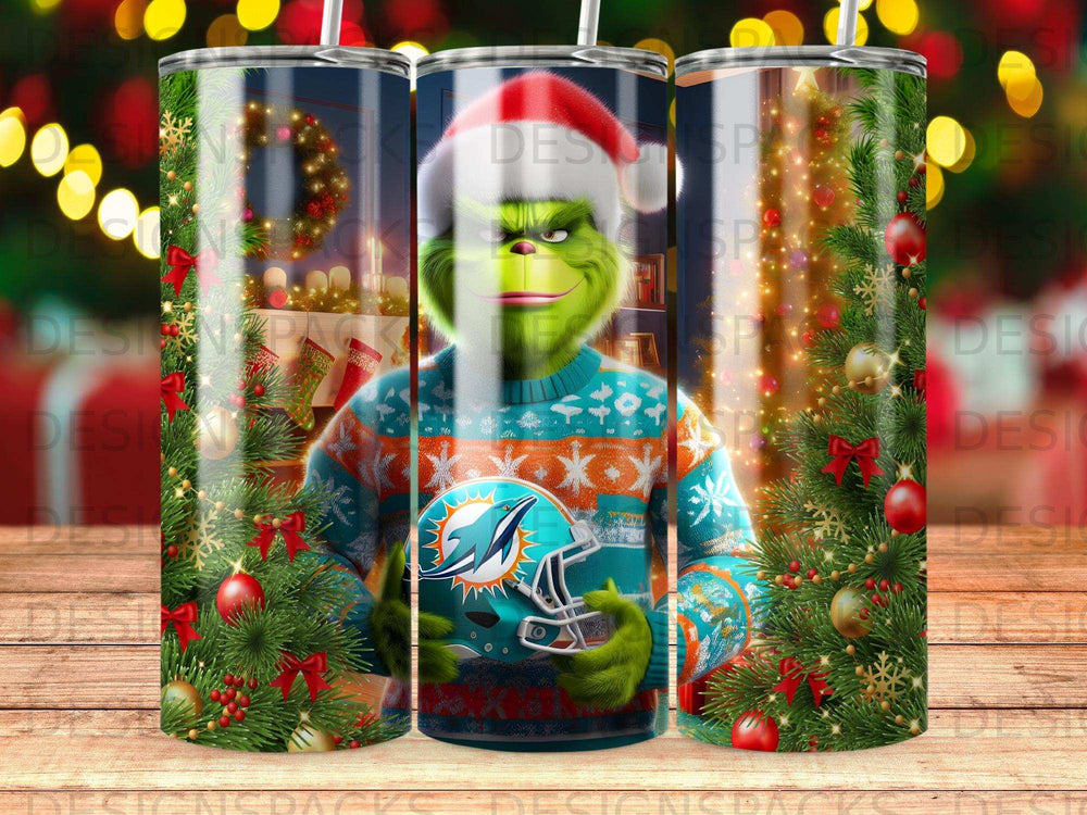 Grinch in Miami Dolphins sweater and helmet, with festive background.