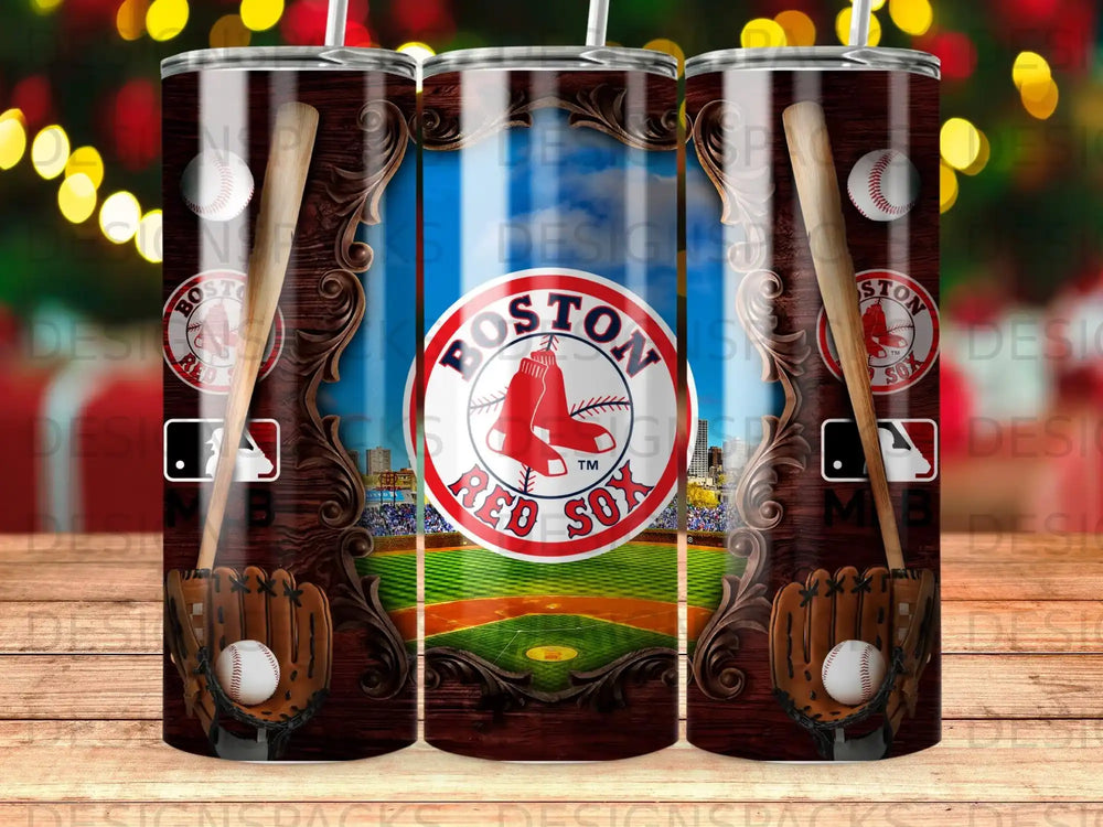 Boston Red Sox logo on a tumbler with baseball glove and bat.