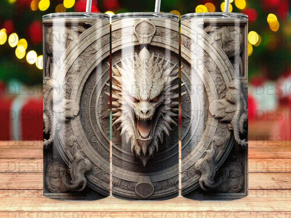 Dragon head on ornate circular shield with blurred bokeh background.