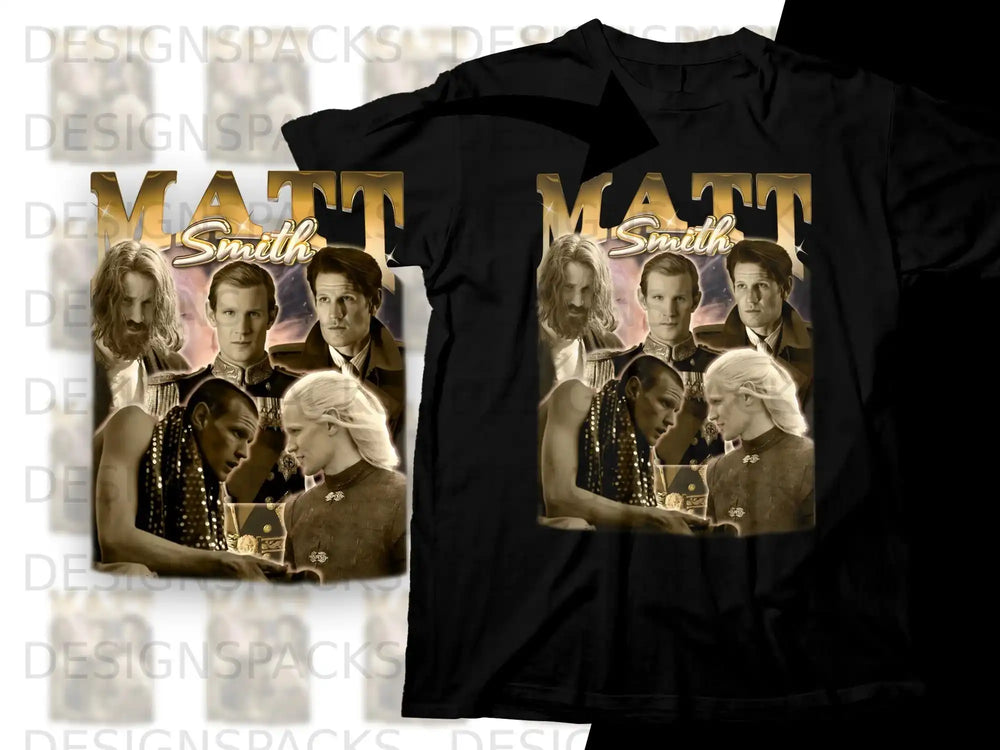 Matt Smith in character as Daemon Targaryen and Rhaenyra Targaryen on a black t-shirt.