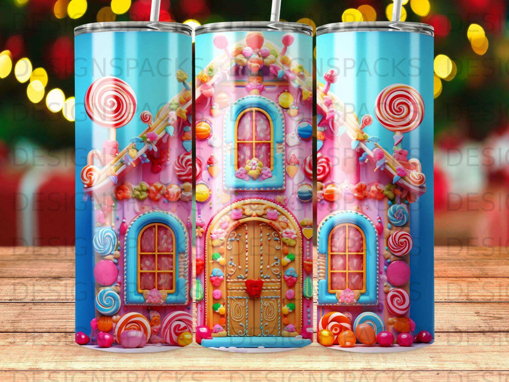 Gingerbread house tumbler with candy decorations and lollipops.