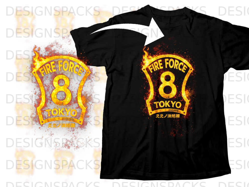 Black t-shirt with "Fire Force 8 Tokyo" badge design featuring flames and Japanese text.