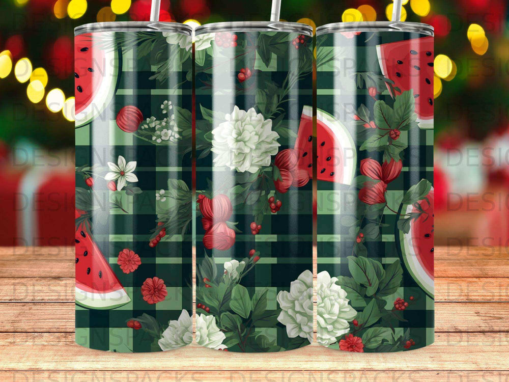 Tumbler with a plaid pattern, watermelon slices, and white flowers.