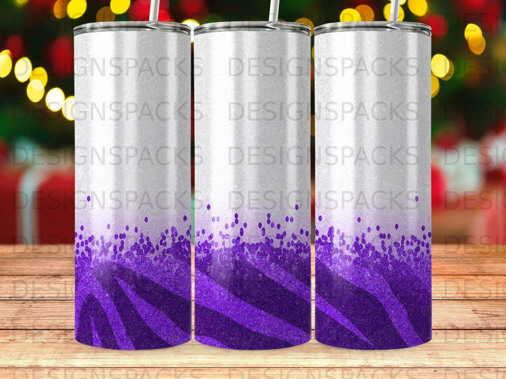 Purple glitter and zebra stripe tumbler with repeating watermark.