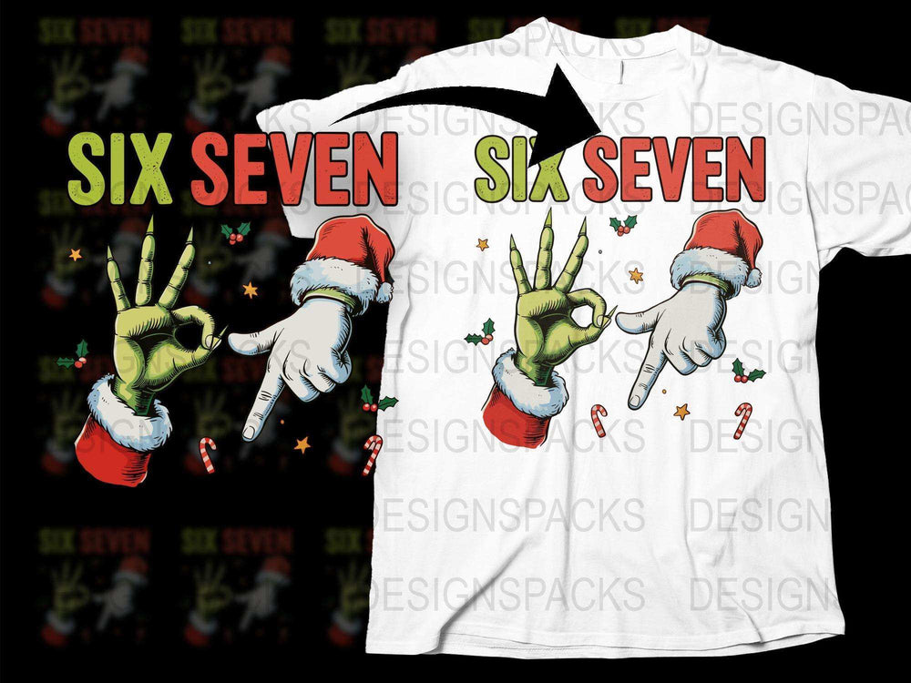 Festive Christmas T-Shirt Hand Signs Santa Hats Graphic Six Seven Holiday Tee